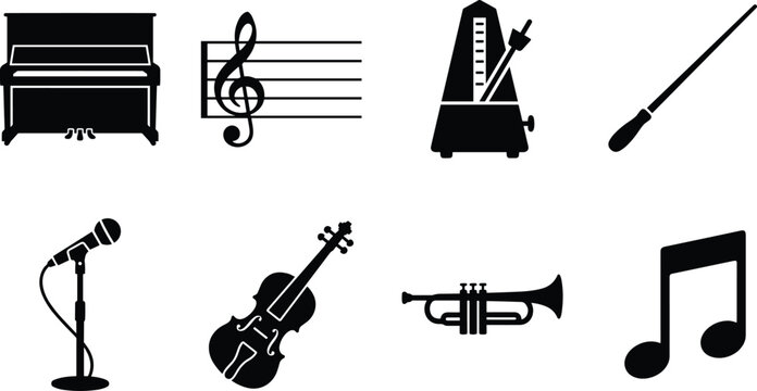 Classical music and orchestral performance vector icons set featuring piano violin trumpet metronome and musical notes
