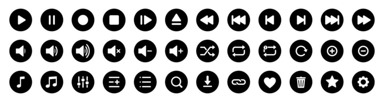 Media control music player icon set, Play, pause, stop, record, rewind, forward, volume, shuffle, repeat, settings and navigation symbols for Ul, UX and user interface design, Vector illustration