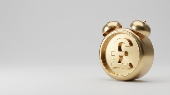 Golden alarm clock with British pound sterling symbol on neutral background