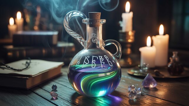 Glowing magical potion bottle with swirling liquid and runic symbols sitting on a dark wooden table