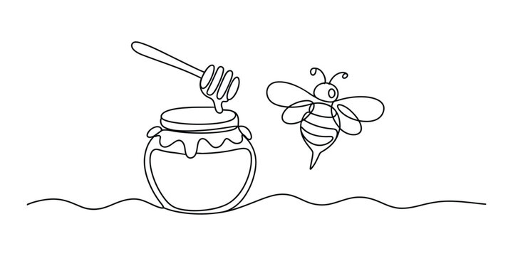Continuous line drawing of a honey jar and a flying bee
