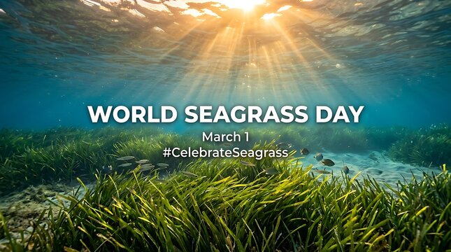 World seagrass day underwater ecosystem scene with sunlight rays, seagrass