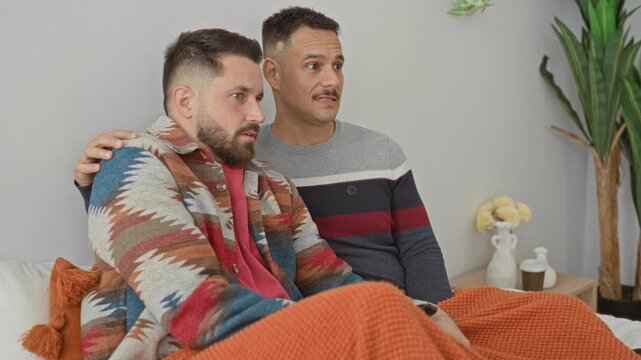 Two men sitting on bed under blanket, one hand on shoulder, other hand to mouth, close embrace in building; intimacy comfort.