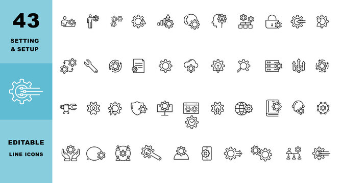 Setting and setup editable line icons collection vector set