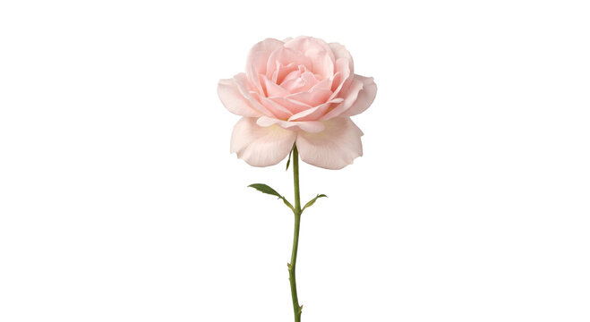 Delicate pale pink rose bloom with a long green stem on a white background