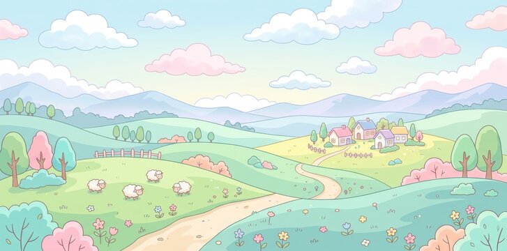 A charming pastel cartoon landscape featuring rolling green hills dotted with fluffy sheep and a small village nestled amongst trees and flowers under a soft blue sky with pink clouds