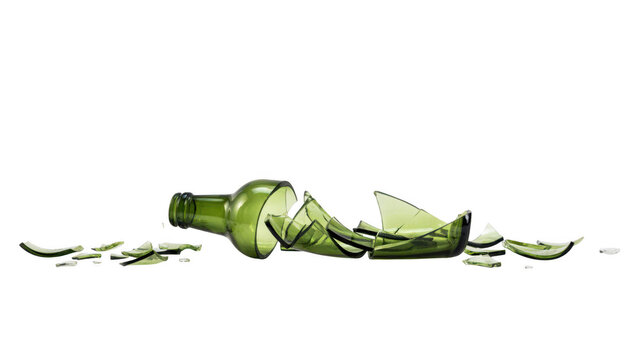 Broken green glass bottle on the floor isolated on transparent background
