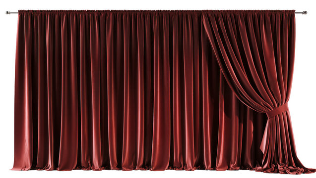 Rich red velvet theater curtains tied back with fabric band, isolated on transparent background