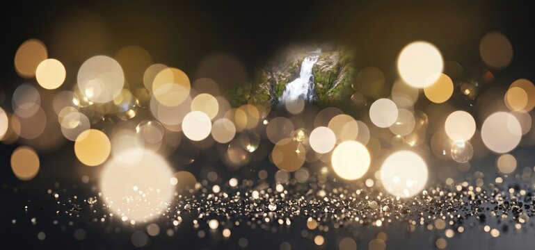 A festive bokeh light background with a hidden waterfall scene in the distance creating a magical and visual blend