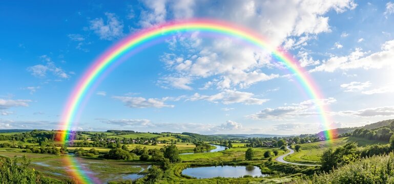 A full rainbow arcs across a blue sky with fluffy white clouds over a picturesque green countryside with a winding river
