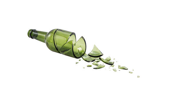 Broken green glass bottle on the floor isolated on transparent background