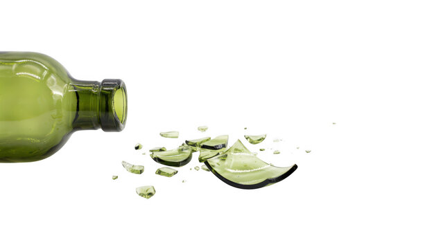 Broken green glass bottle on white isolated on transparent background