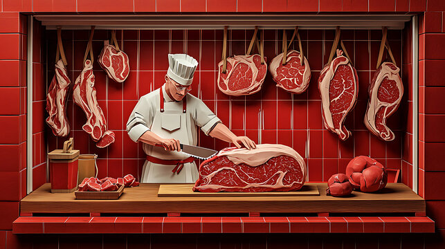 Butcher cutting raw beef in a meat market with hanging steaks and a brick wall background