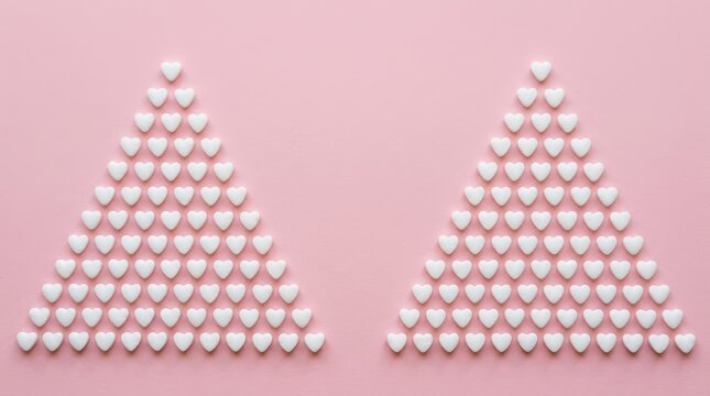 Two triangles made of small white heartshaped candies on a pink background