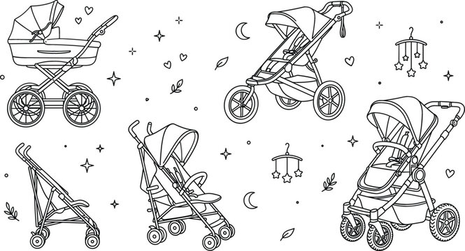 Baby stroller and pram vector doodle element set featuring various pushchair designs crib mobile hearts line art illustrations