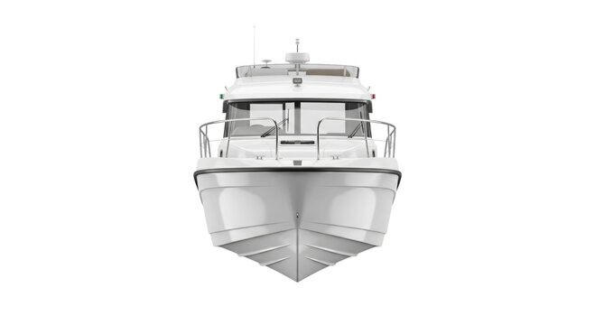 Modern white motor yacht with a sleek design, front view on a clean background