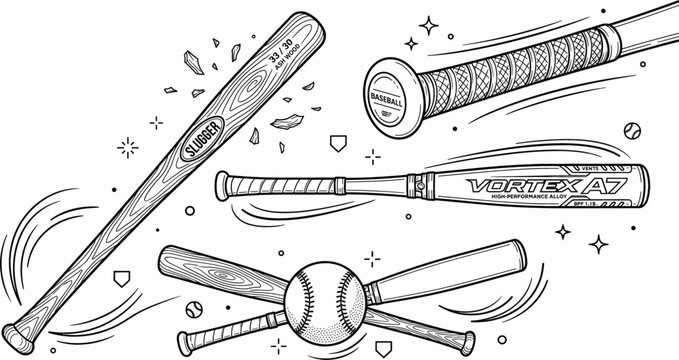Baseball bat and ball doodle element set featuring wooden slugger aluminum alloy bats handle grip line art illustration
