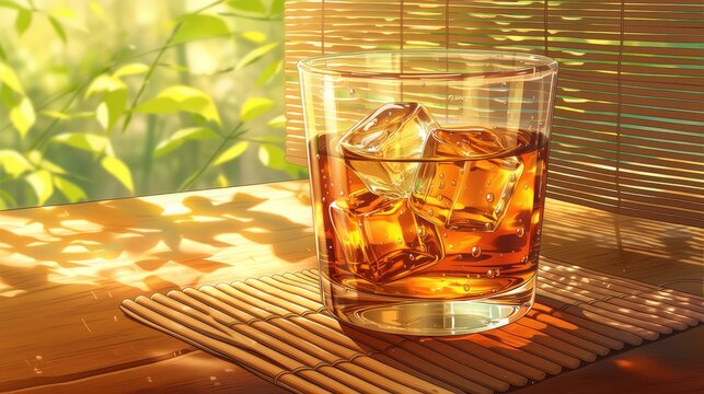 すだれの上に置かれた冷たい麦茶