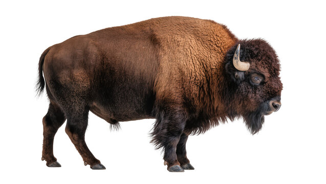 Majestic brown bison with shaggy fur and curved horns, isolated on transparent background
