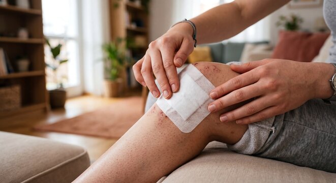 Person Applying Adhesive Bandage to Injured Knee in Living Room for First Aid Home Treatment