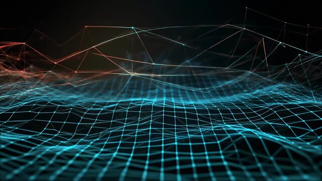 Neon grid wireframe tunnel futuristic cyberpunk digital network abstract motion