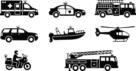 Emergency vehicles silhouette icon set featuring police car ambulance fire truck and rescue transport symbols © ORCHONA