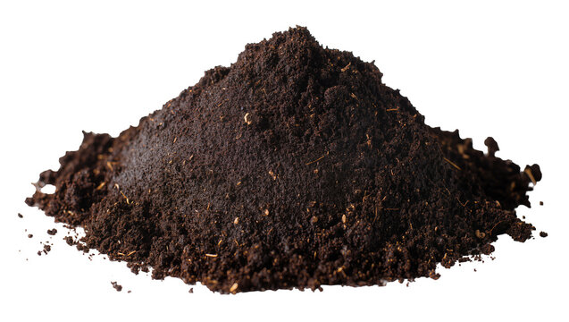 Pile of dark rich soil with small organic particles, isolated on transparent background