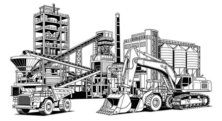 Obraz premium Industrial Cement Plant with Heavy Machinery Line Art