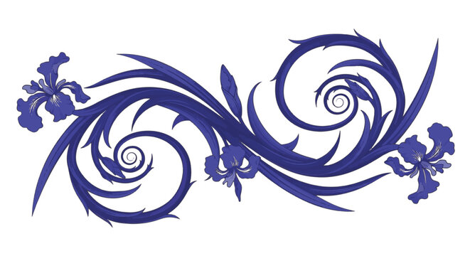 Elegant indigo blue floral scrollwork featuring iris blossoms and stylized spiraling foliage. Vector illustration of decorative blooms and leaves isolated on white background.
