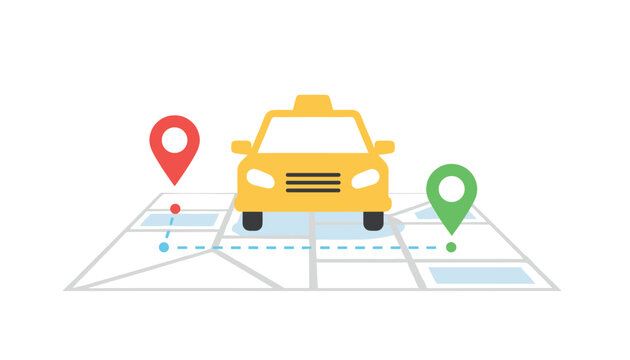 Yellow taxicab stands on simple city street grid map with navigation markers indicating start and end points for efficient transportation travel.
