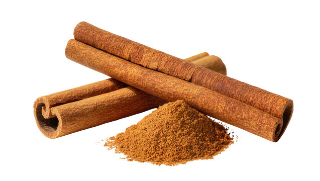 Dried cinnamon sticks and powder, isolated on transparent background