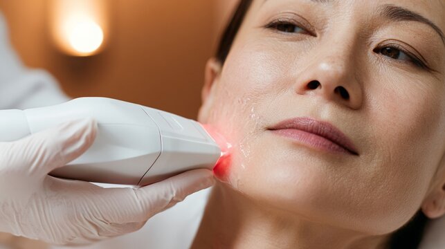 HIFU ultrasound handpiece pressed against Asian woman's cheekbone during active skin lifting treatment at aesthetic clinic