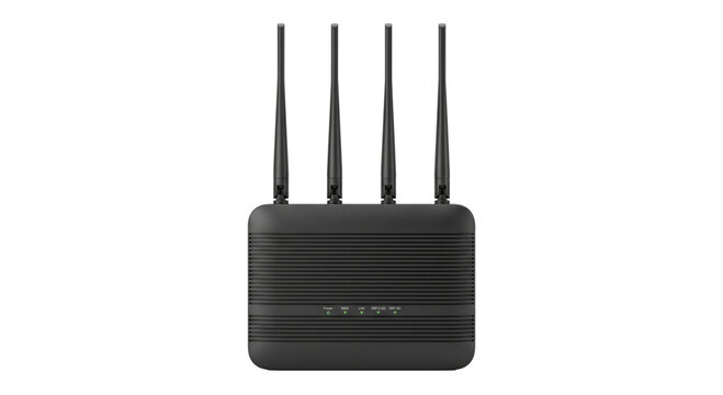 Modern black wireless router with four antennas and status indicator lights