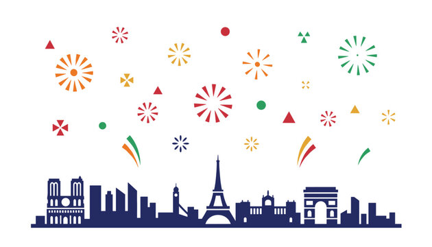 Silhouette of the Paris city skyline featuring famous landmarks with festive fireworks exploding in the night sky for celebrations.