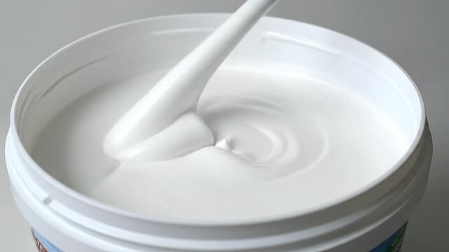 A close up view of a thick white substance being stirred inside a plastic container
