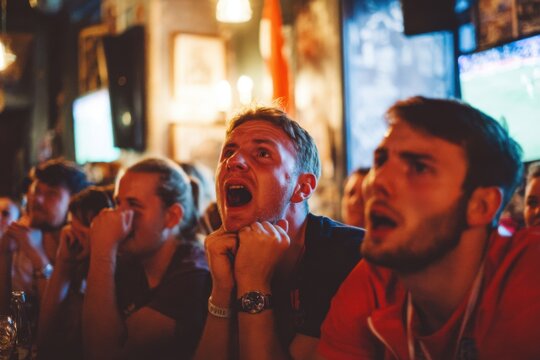 English football supporters watching international championship in traditional London pub