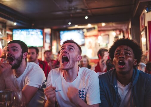 English football supporters watching international championship in traditional London pub