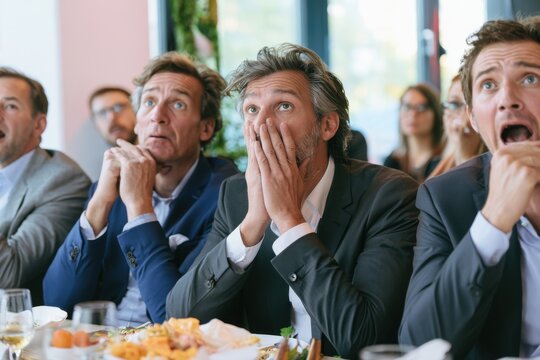 English business professionals watching football championship during lunch break, office environment, emotional reactions, modern corporate lifestyle