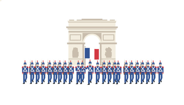 Soldiers in traditional blue military uniforms marching in formation in front of the Arc de Triomphe during a national parade.
