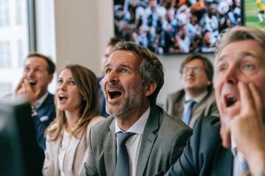 English business professionals watching football championship during lunch break, office environment, emotional reactions, modern corporate lifestyle
