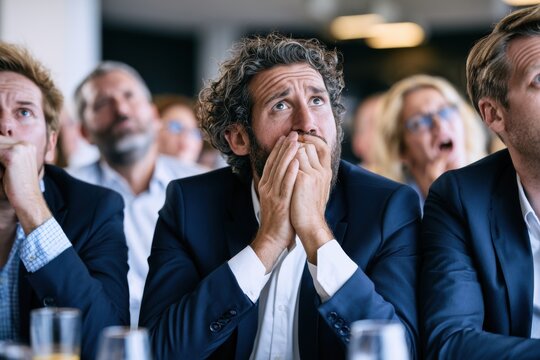 English business professionals watching football championship during lunch break, office environment, emotional reactions, modern corporate lifestyle