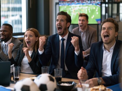 English business professionals watching football championship during lunch break, office environment, emotional reactions, modern corporate lifestyle