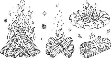 Campfire and bonfire vector doodle element set featuring burning logs fire pits wood sparks smoke line art illustration © MdShakib