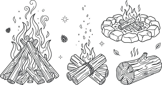 Campfire and bonfire vector doodle element set featuring burning logs fire pits wood sparks smoke line art illustration