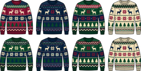 Fototapeta premium Knitted Ugly Christmas Sweater Pattern Vector Set with Fair Isle Reindeer, Snowflake, and Pine Tree Knitted Geometric Festive Holiday Ornament Designs
