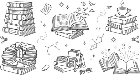 Book lover library doodle element set featuring reading magic stack open paper birds coffee cup line art illustration © MdShakib