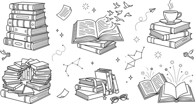 Book lover library doodle element set featuring reading magic stack open paper birds coffee cup line art illustration