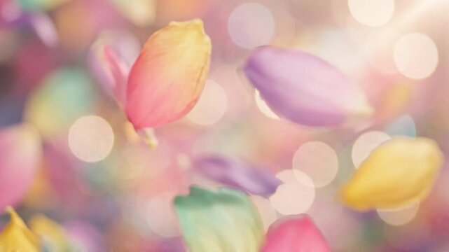 A Dreamy Sequence of Colorful Petals Dancing Through a Soft, Blurred Background of Gentle Light and Bokeh Effects Captured in Two Stunning Frames