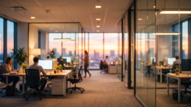 Modern office interior with people working at desks near large windows at sunset workspace cubicle computers city view evening light glass walls plants lamps ceiling