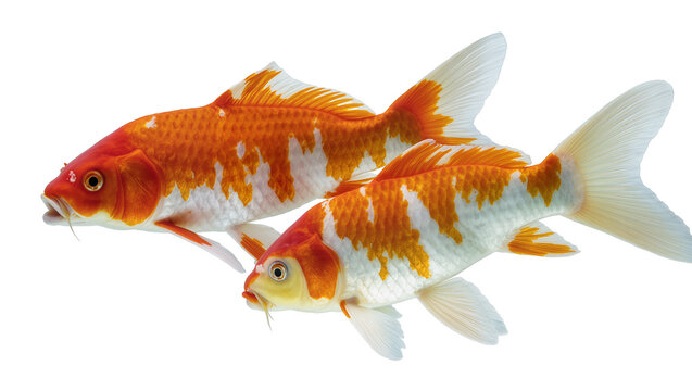 Two orange and white koi fish swimming, isolated on transparent background